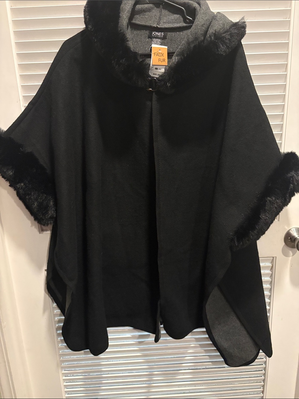 Ashley Stewart Black Faux Fur Trim Hooded Cape